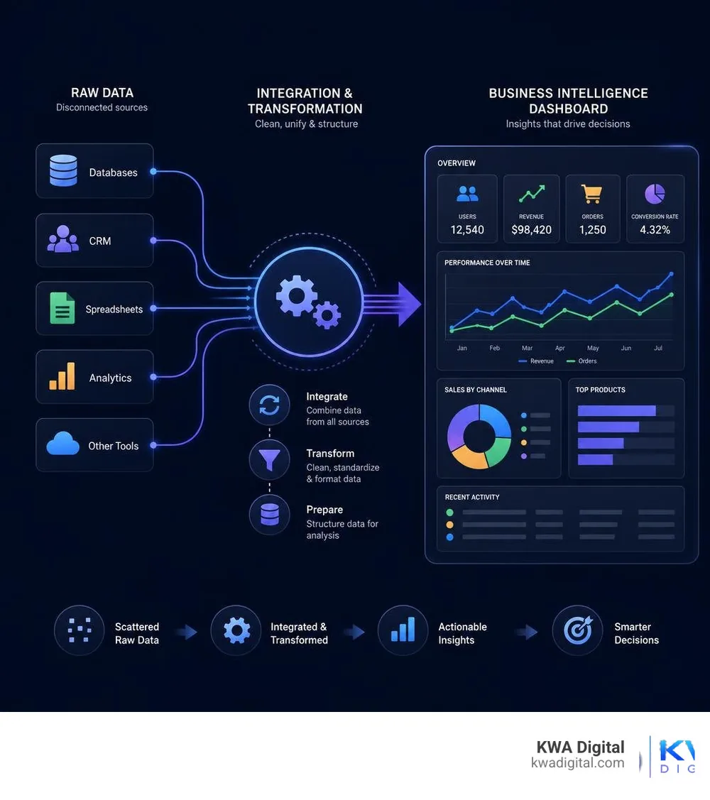 Flow of raw data through integration and transformation into a business intelligence dashboard with KPIs and charts