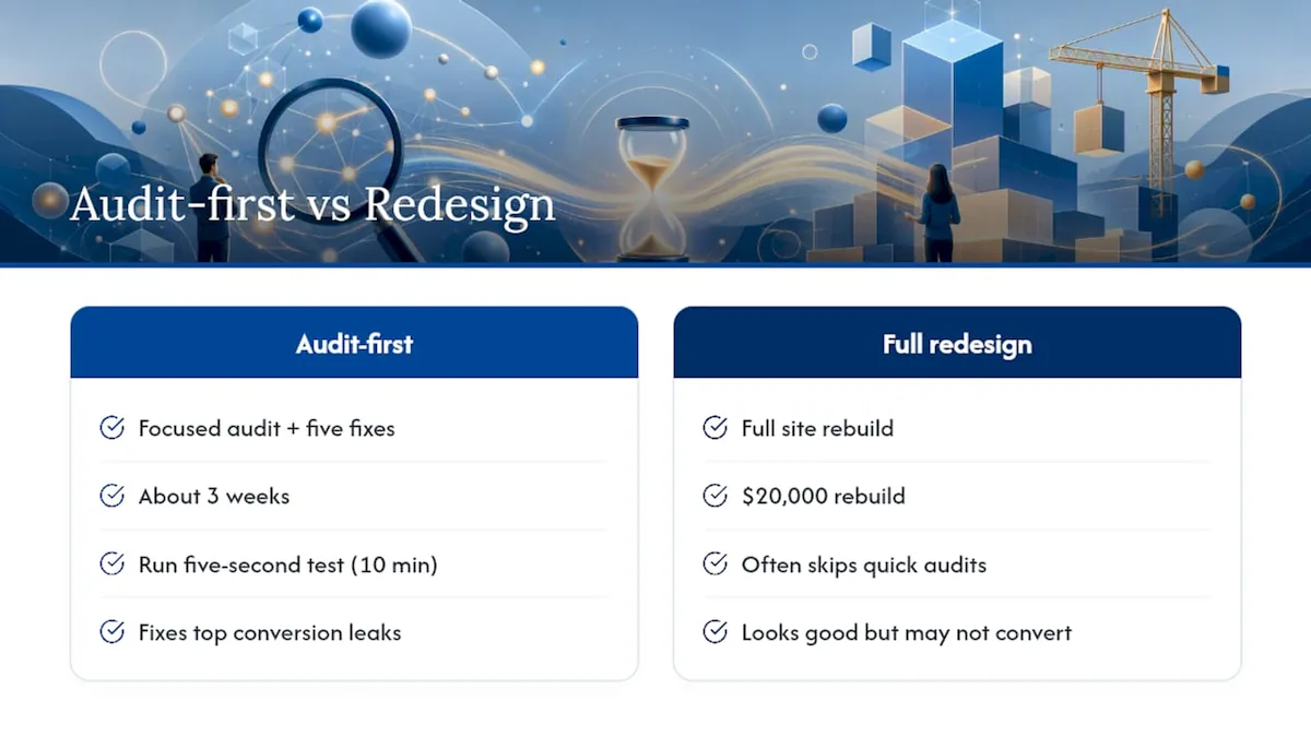 Audit-first vs full redesign comparison diagram