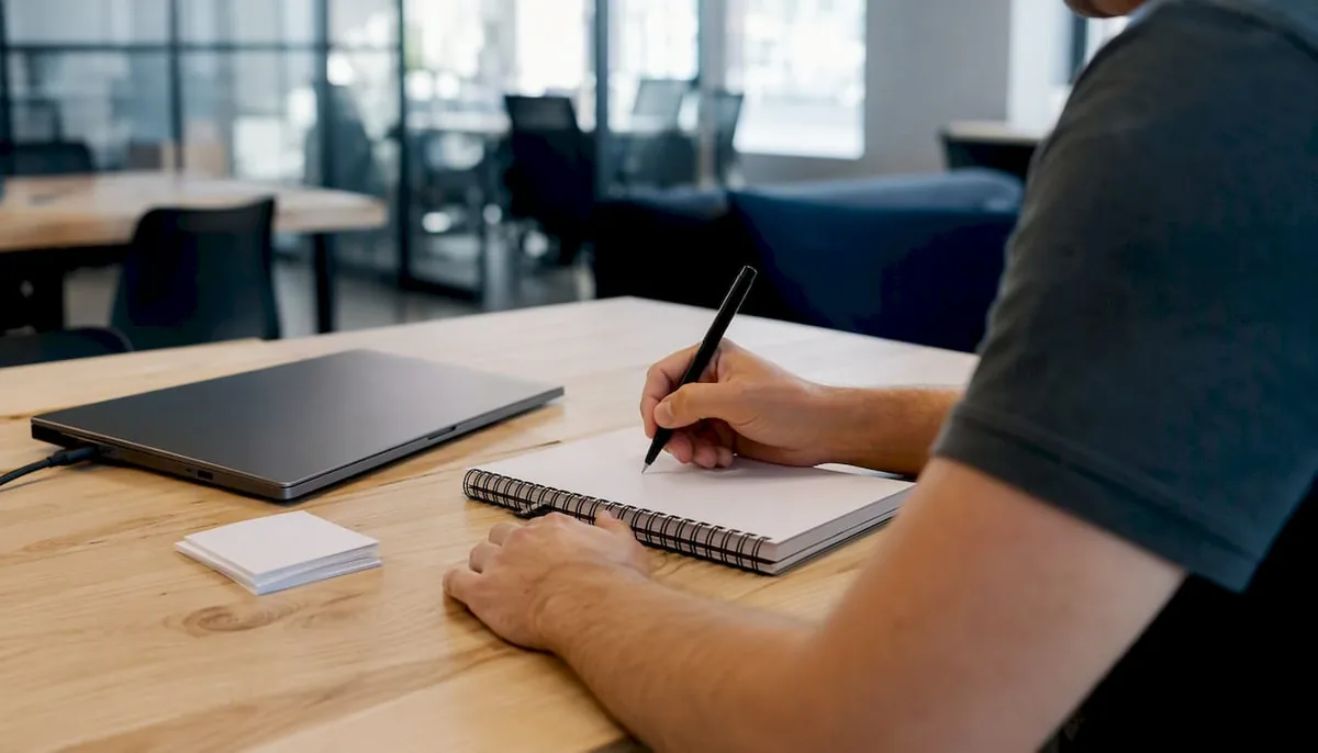Hands writing notes by a laptop while auditing a website