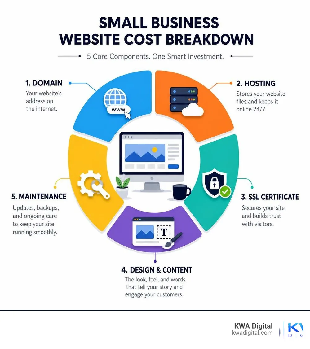 Small business website cost breakdown infographic showing domain, hosting, SSL, design, and maintenance costs