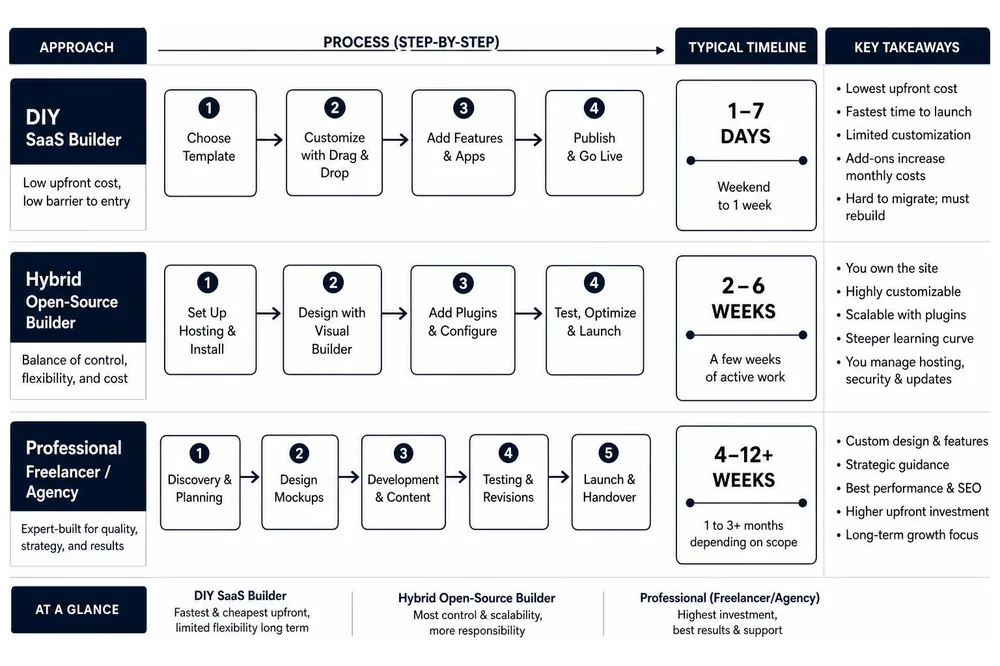 DIY vs professional website development process and timeline comparison