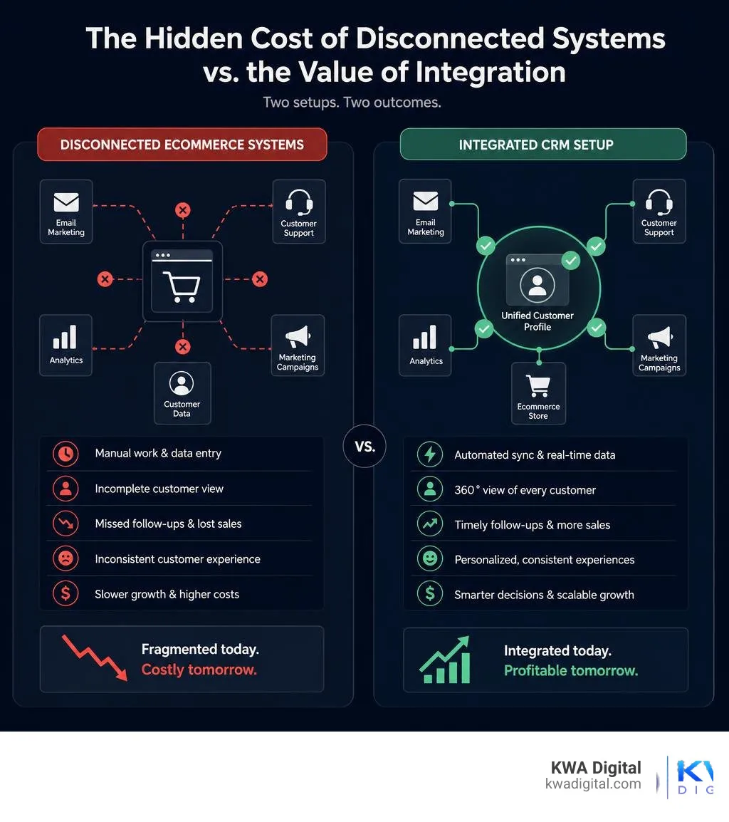 Infographic showing the cost of disconnected ecommerce systems vs an integrated CRM setup