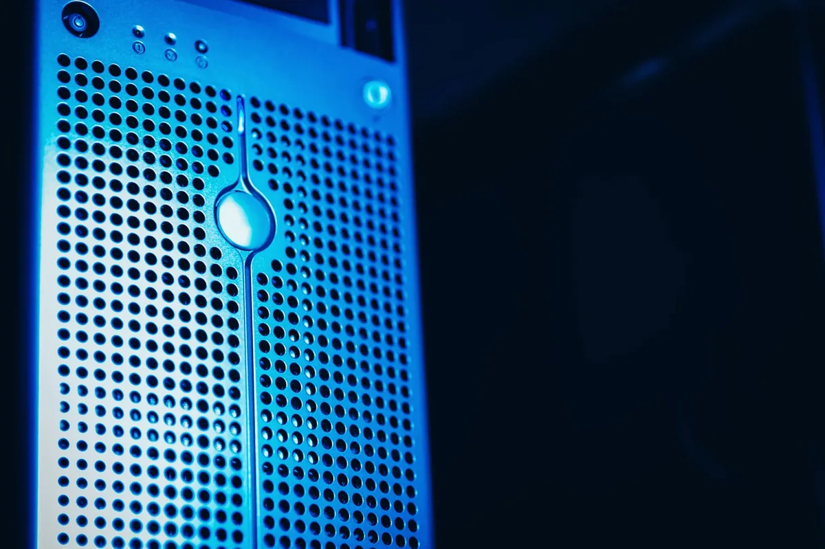A blue-lit server representing connected business systems and data