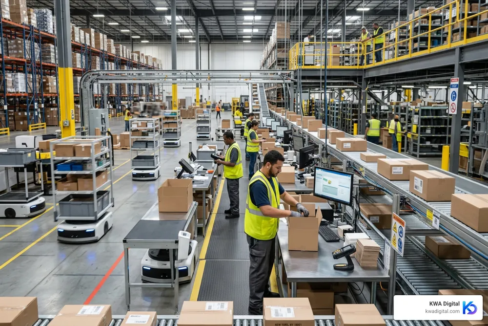 A busy, automated fulfillment warehouse where orders are sorted and packed using integrated shipping software