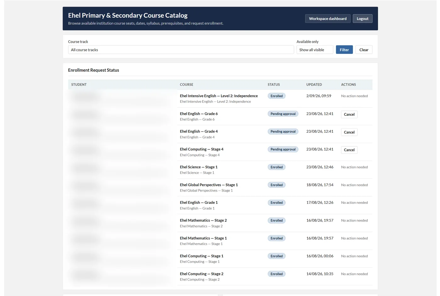 The course catalog and enrollment request status screen, with student details blurred