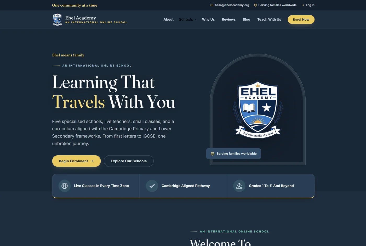 Ehel Academy homepage, an international online school with live classes and a Cambridge-aligned pathway