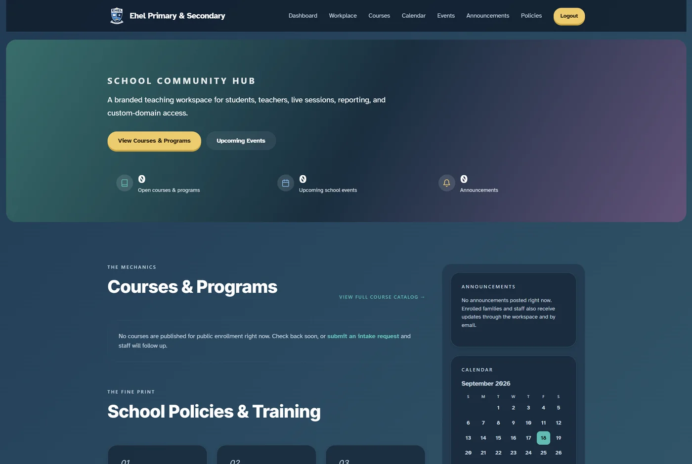 The Ehel School Community Hub dashboard with courses, calendar, events, announcements, and policies