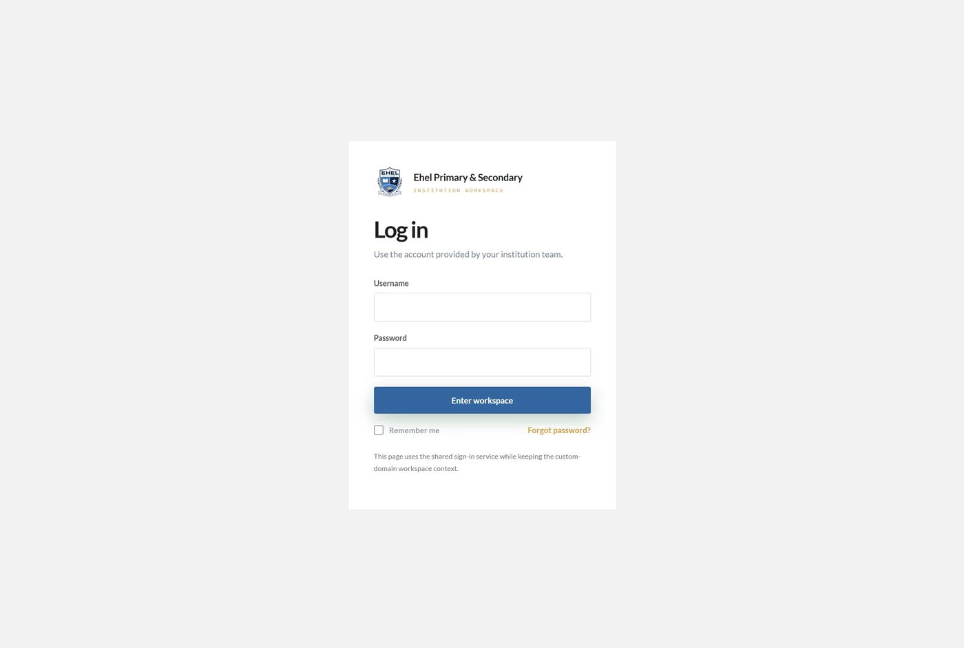The custom branded login page for the Ehel Primary and Secondary institution workspace