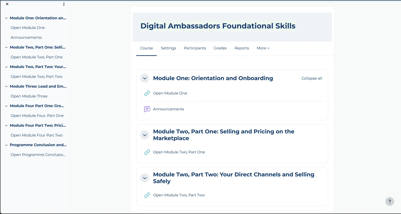 Course hub of the Digital Ambassadors Foundational Skills learning path, showing sequenced modules