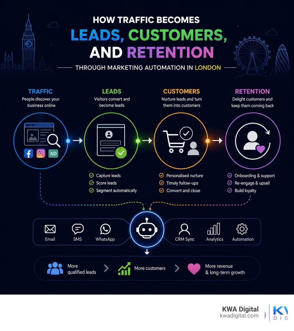How traffic becomes leads, customers, and retention through marketing automation in London infographic