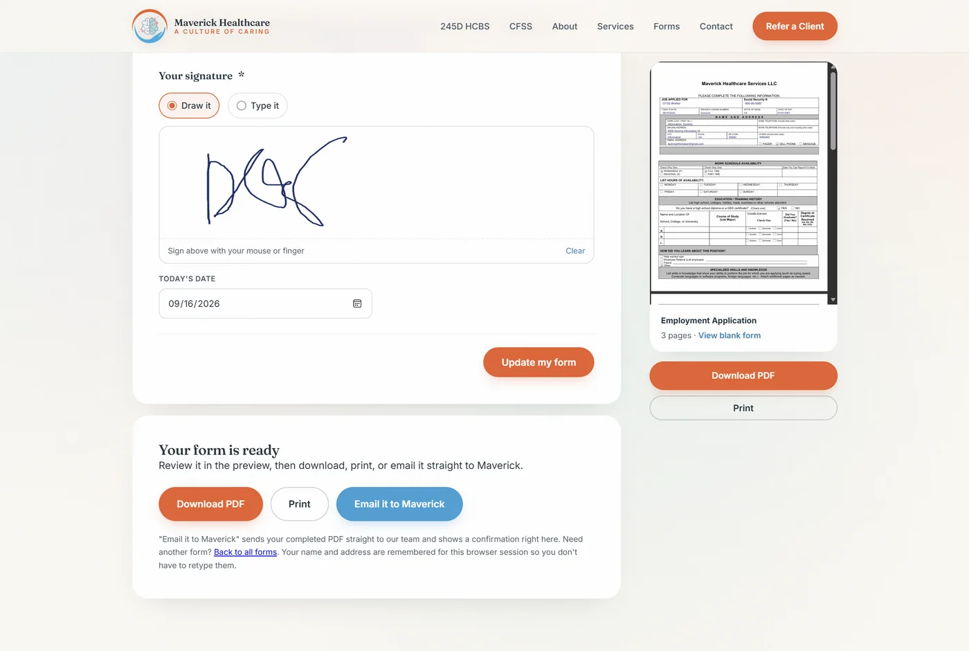 The signature step and the completed packet ready to download, print, or email to Maverick