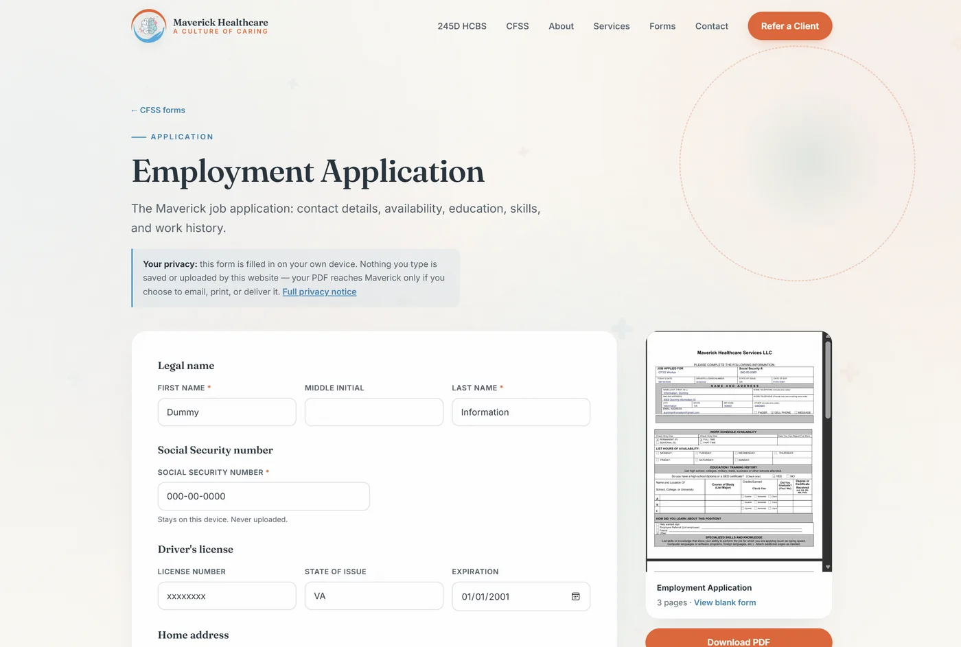 The online employment application filling out the official Maverick PDF in real time, with dummy data