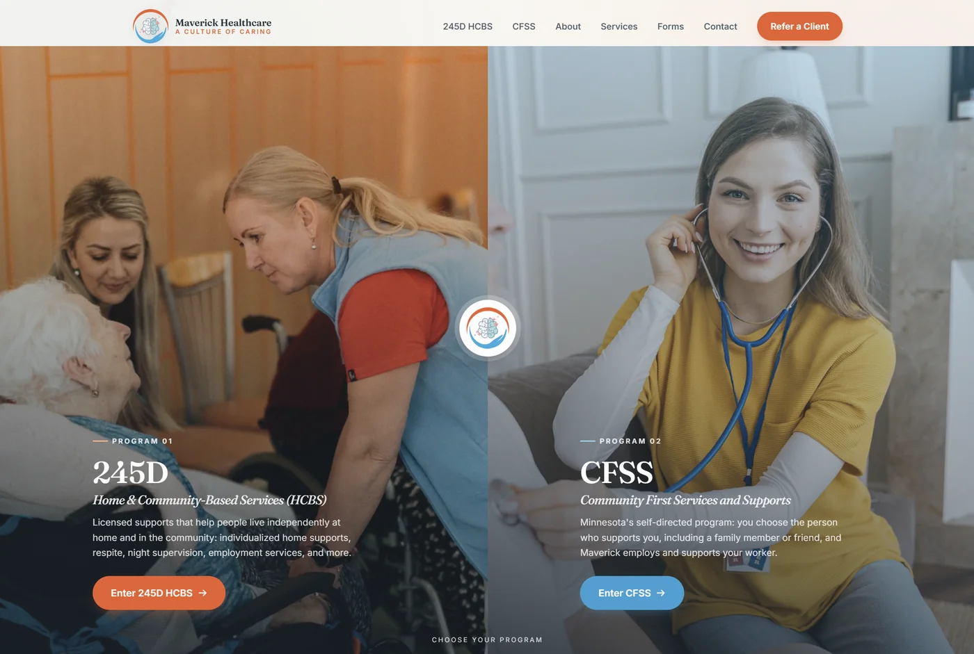 Maverick Healthcare homepage, a split screen letting visitors choose the 245D or CFSS program